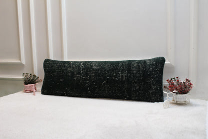Handwoven Wool Kilim Lumbar Pillow – Dark Green Turkish Cushion (12x36”)