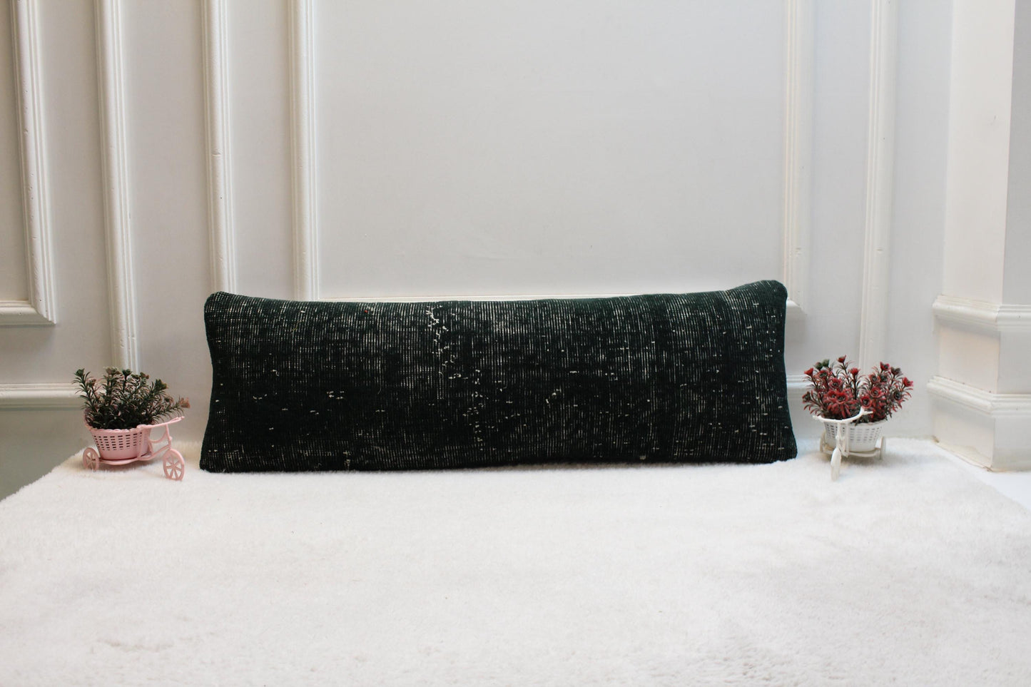 Handwoven Wool Kilim Lumbar Pillow – Dark Green Turkish Cushion (12x36”)