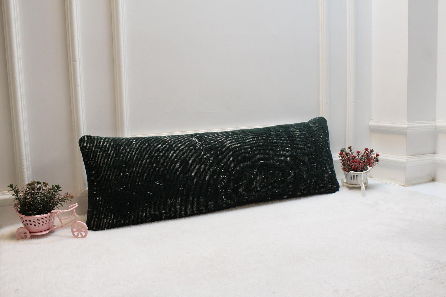 Handwoven Wool Kilim Lumbar Pillow – Dark Green Turkish Cushion (12x36”)