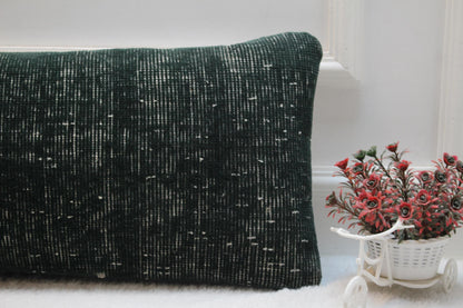Handwoven Wool Kilim Lumbar Pillow – Dark Green Turkish Cushion (12x36”)