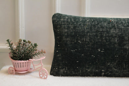 Handwoven Wool Kilim Lumbar Pillow – Dark Green Turkish Cushion (12x36”)