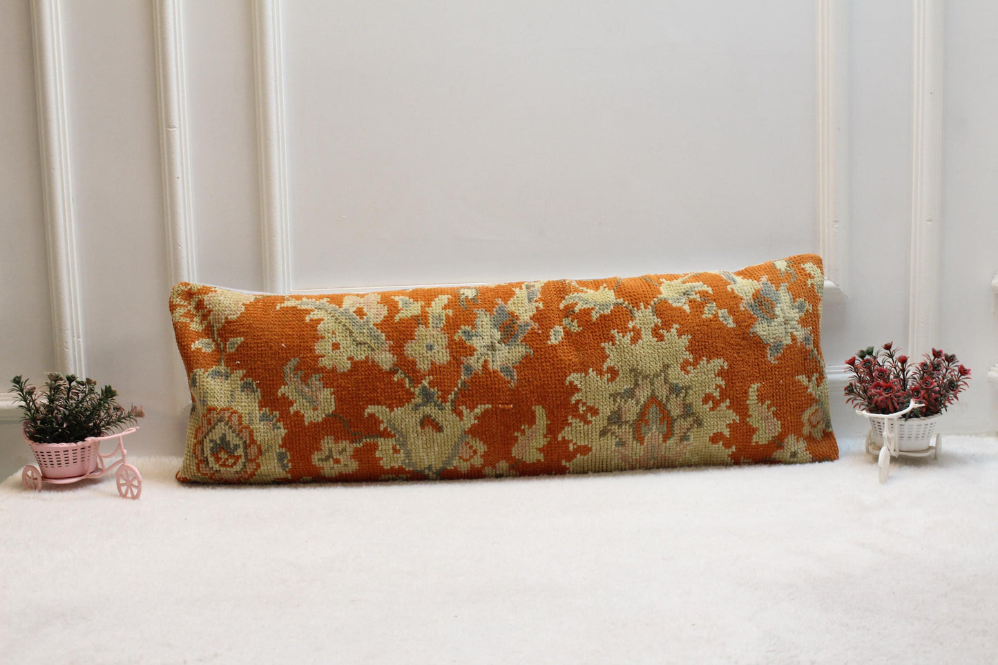 Bold Orange Kilim Pillow – 12x24” Turkish Vintage Lumbar Cushion with Floral Design, Handwoven Wool