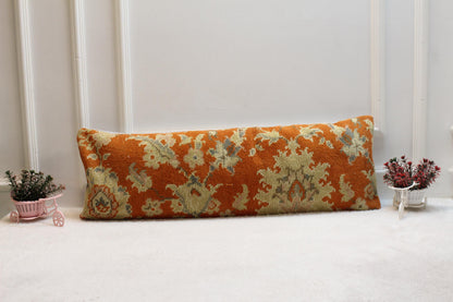 Bold Orange Kilim Pillow – 12x24” Turkish Vintage Lumbar Cushion with Floral Design, Handwoven Wool