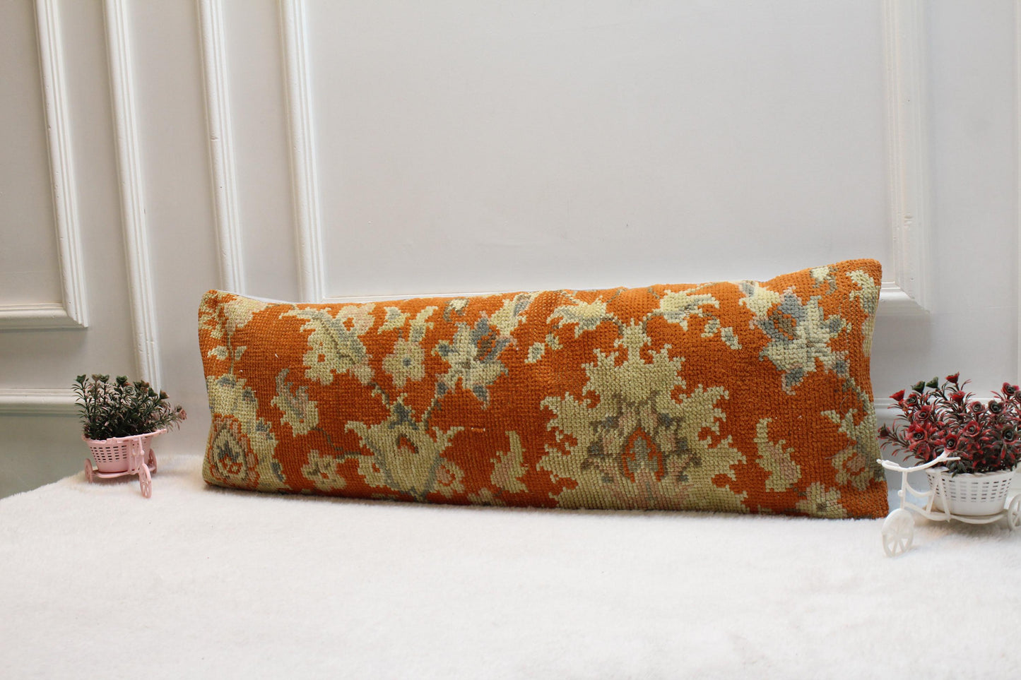 Bold Orange Kilim Pillow – 12x24” Turkish Vintage Lumbar Cushion with Floral Design, Handwoven Wool