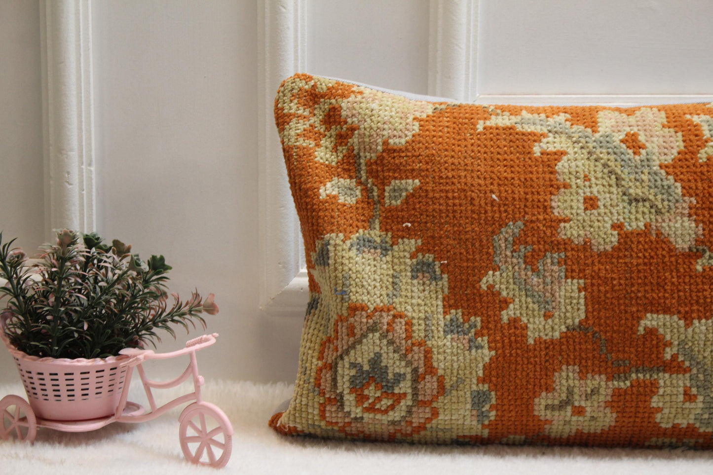 Bold Orange Kilim Pillow – 12x24” Turkish Vintage Lumbar Cushion with Floral Design, Handwoven Wool