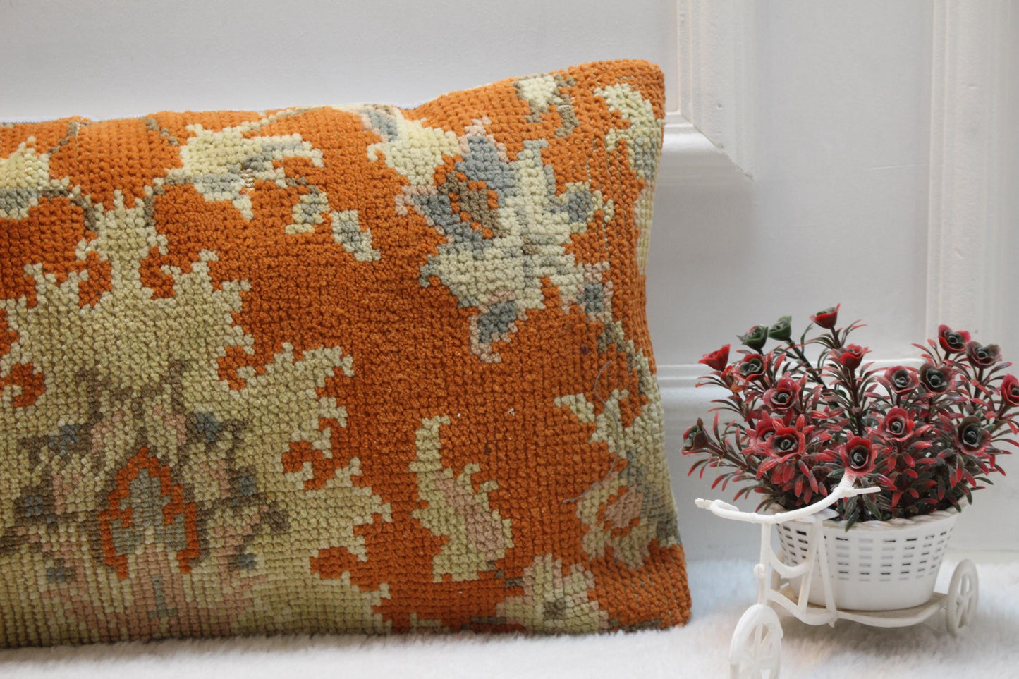 Bold Orange Kilim Pillow – 12x24” Turkish Vintage Lumbar Cushion with Floral Design, Handwoven Wool