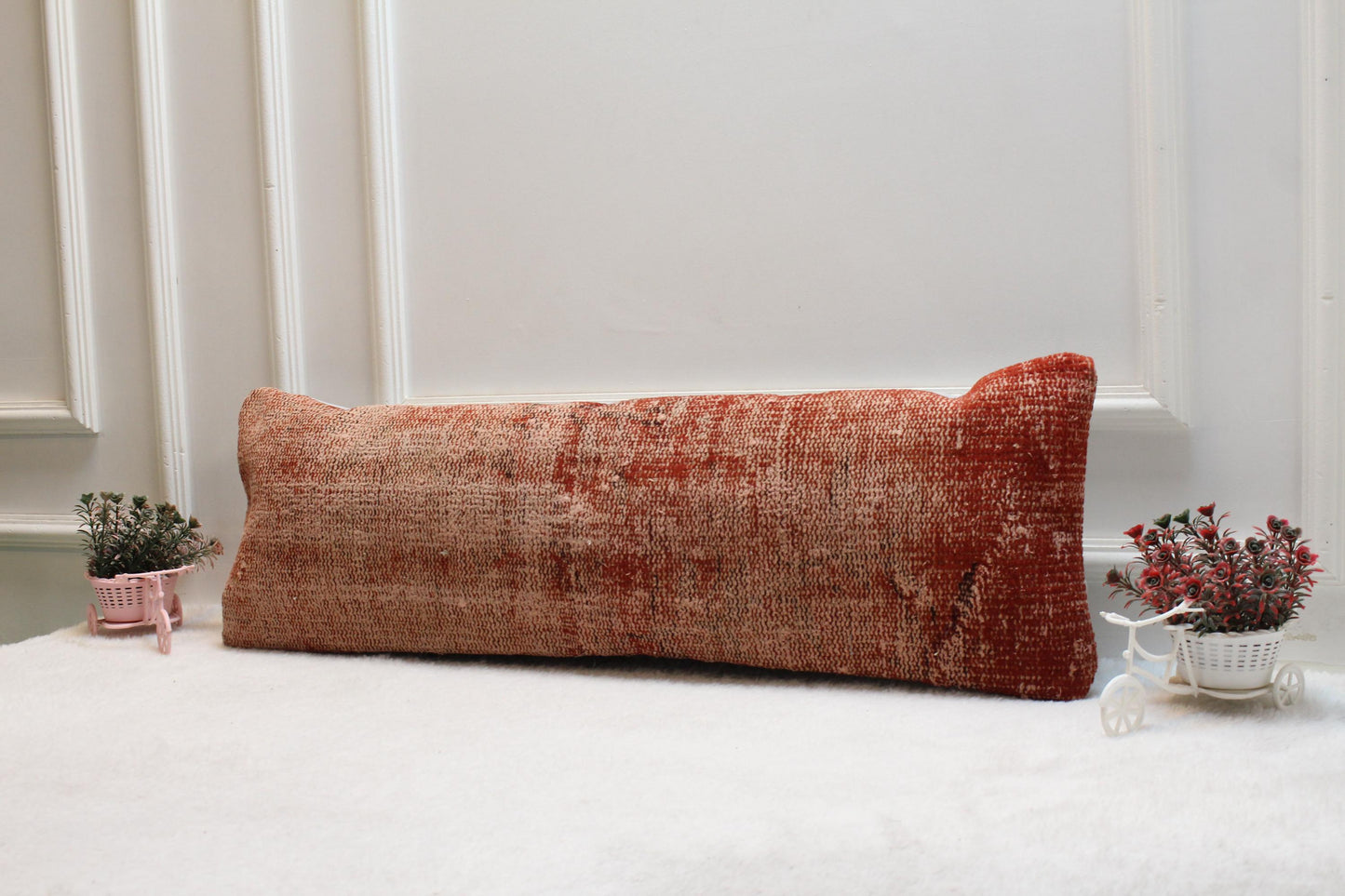 Vintage Turkish Rug Print Lumbar Pillow: Burnt Orange Boho Cushion (12x24 inch)
