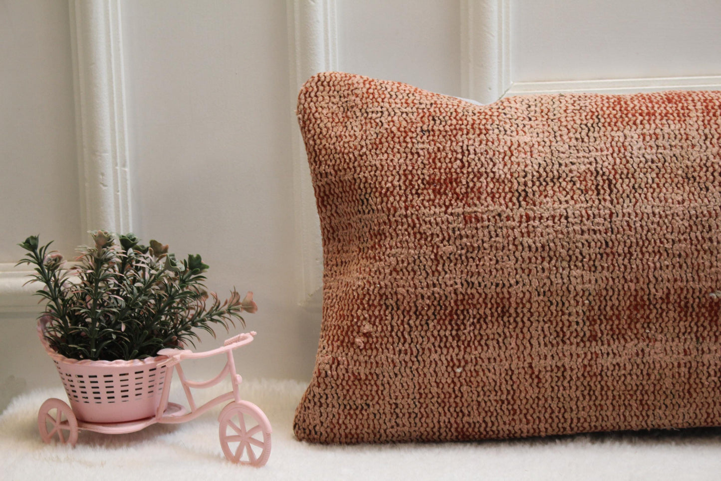 Vintage Turkish Rug Print Lumbar Pillow: Burnt Orange Boho Cushion (12x24 inch)