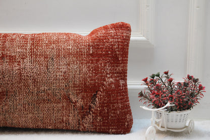 Vintage Turkish Rug Print Lumbar Pillow: Burnt Orange Boho Cushion (12x24 inch)