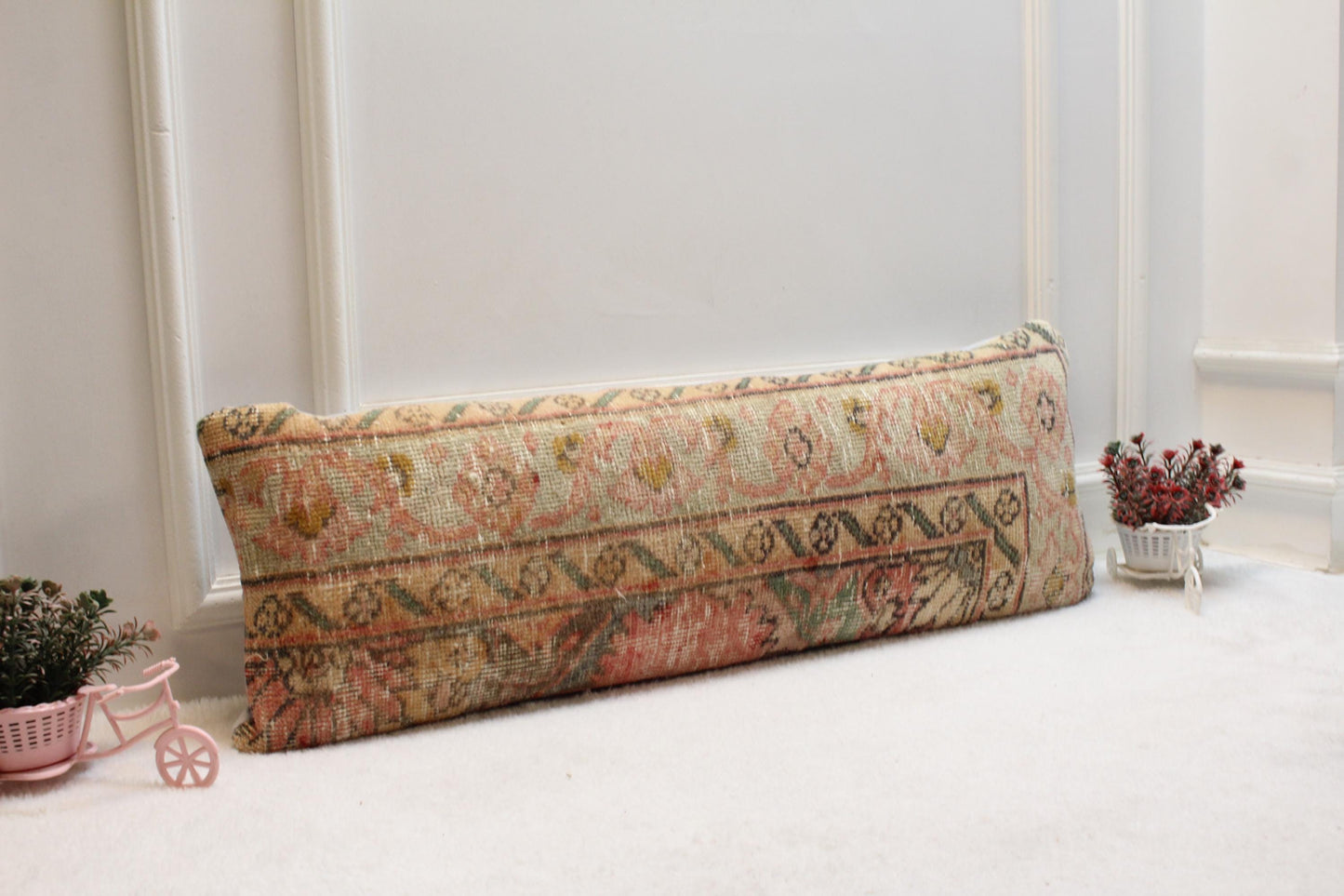 Pastel Vintage Kilim Pillow 12x24” – Antique Turkish Rug Cushion in Soft Pinks & Beige Floral