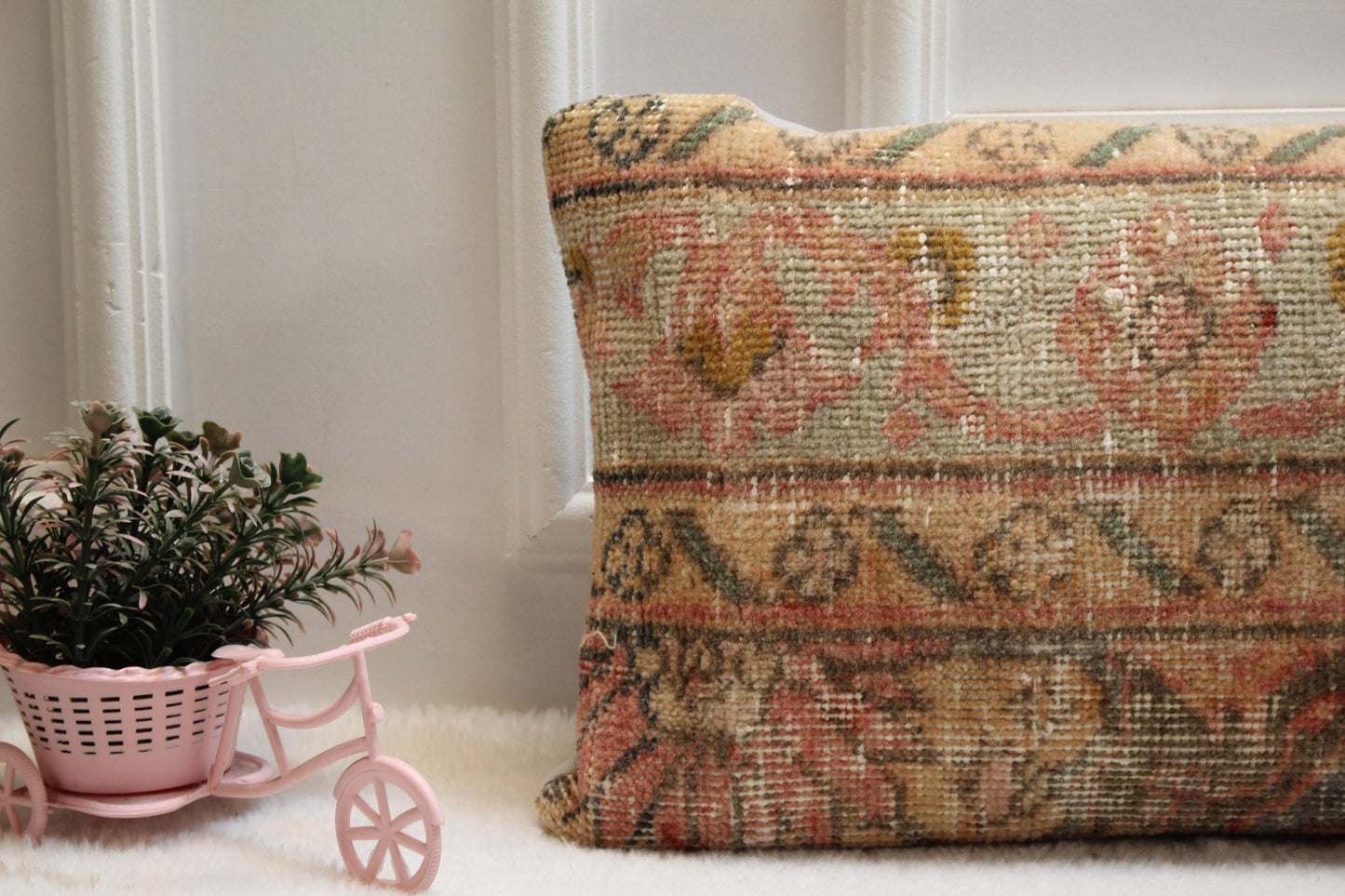 Pastel Vintage Kilim Pillow 12x24” – Antique Turkish Rug Cushion in Soft Pinks & Beige Floral