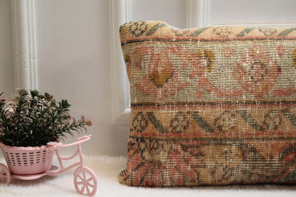 Pastel Vintage Kilim Pillow 12x24” – Antique Turkish Rug Cushion in Soft Pinks & Beige Floral