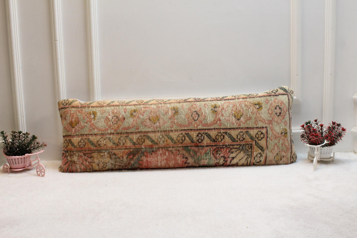 Pastel Vintage Kilim Pillow 12x24” – Antique Turkish Rug Cushion in Soft Pinks & Beige Floral