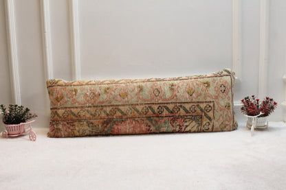 Pastel Vintage Kilim Pillow 12x24” – Antique Turkish Rug Cushion in Soft Pinks & Beige Floral