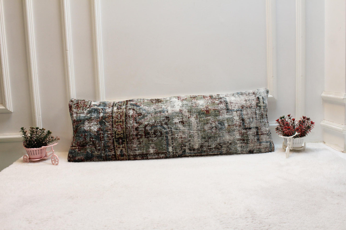 Wabi-Sabi Turkish Kilim Pillow – 12x24” Handwoven Lumbar Cushion in Weathered Blue & Grey