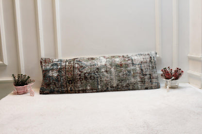Wabi-Sabi Turkish Kilim Pillow – 12x24” Handwoven Lumbar Cushion in Weathered Blue & Grey