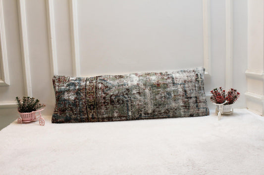 Wabi-Sabi Turkish Kilim Pillow – 12x24” Handwoven Lumbar Cushion in Weathered Blue & Grey