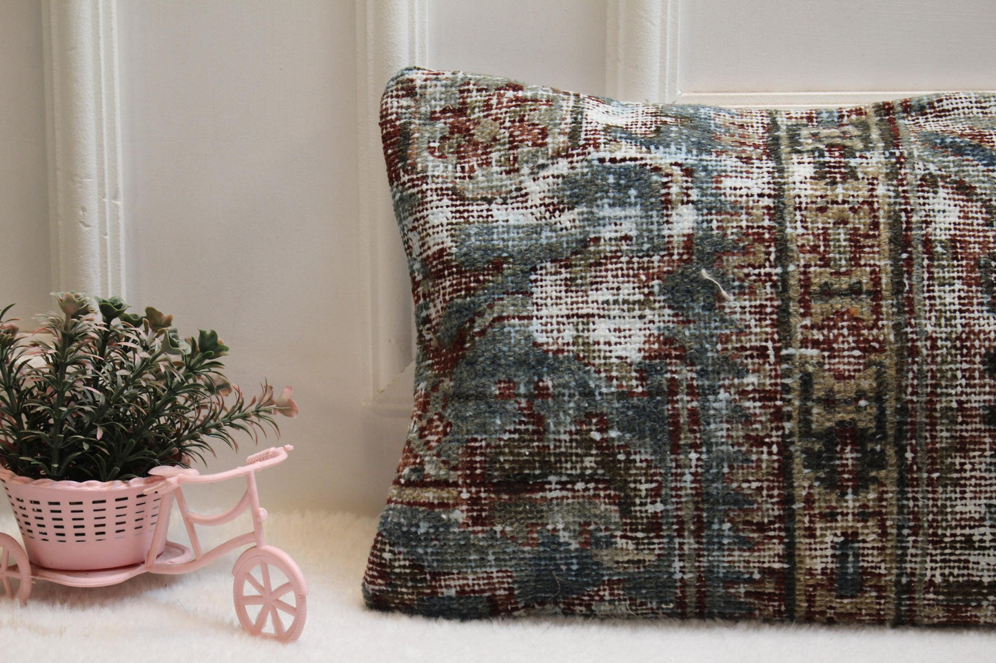 Wabi-Sabi Turkish Kilim Pillow – 12x24” Handwoven Lumbar Cushion in Weathered Blue & Grey