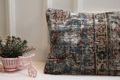 Wabi-Sabi Turkish Kilim Pillow – 12x24” Handwoven Lumbar Cushion in Weathered Blue & Grey