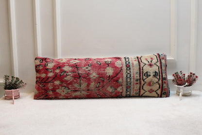 Pink and Beige Kilim Pillow – Traditional Turkish Handmade Cushion, 12x24” Boho Decor Accent