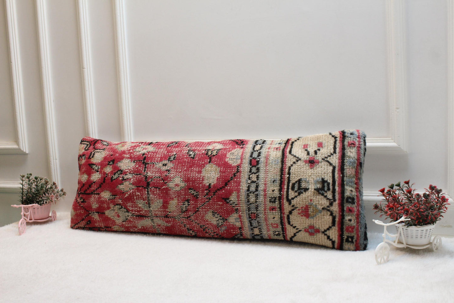 Pink and Beige Kilim Pillow – Traditional Turkish Handmade Cushion, 12x24” Boho Decor Accent