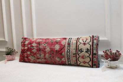 Pink and Beige Kilim Pillow – Traditional Turkish Handmade Cushion, 12x24” Boho Decor Accent
