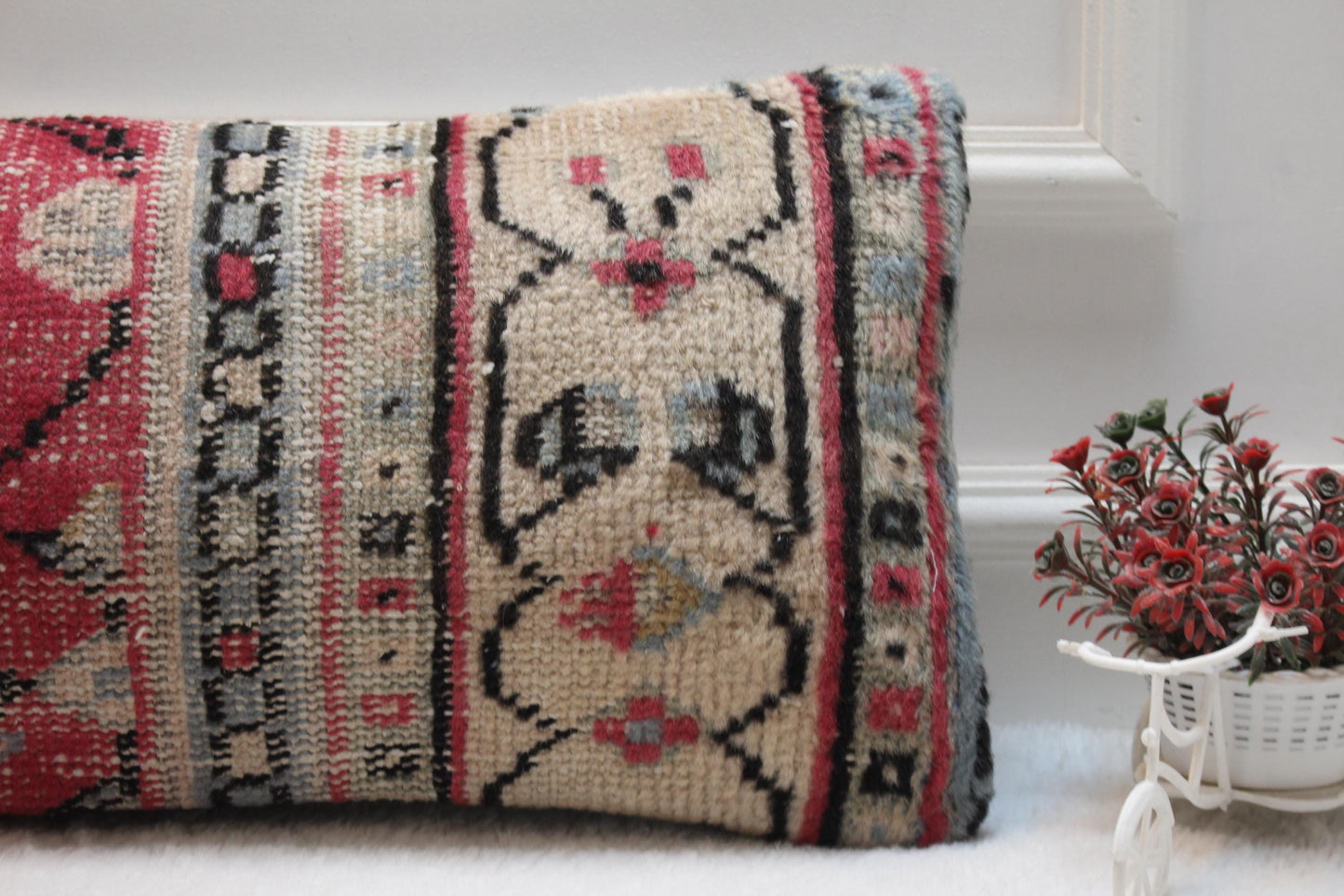 Pink and Beige Kilim Pillow – Traditional Turkish Handmade Cushion, 12x24” Boho Decor Accent
