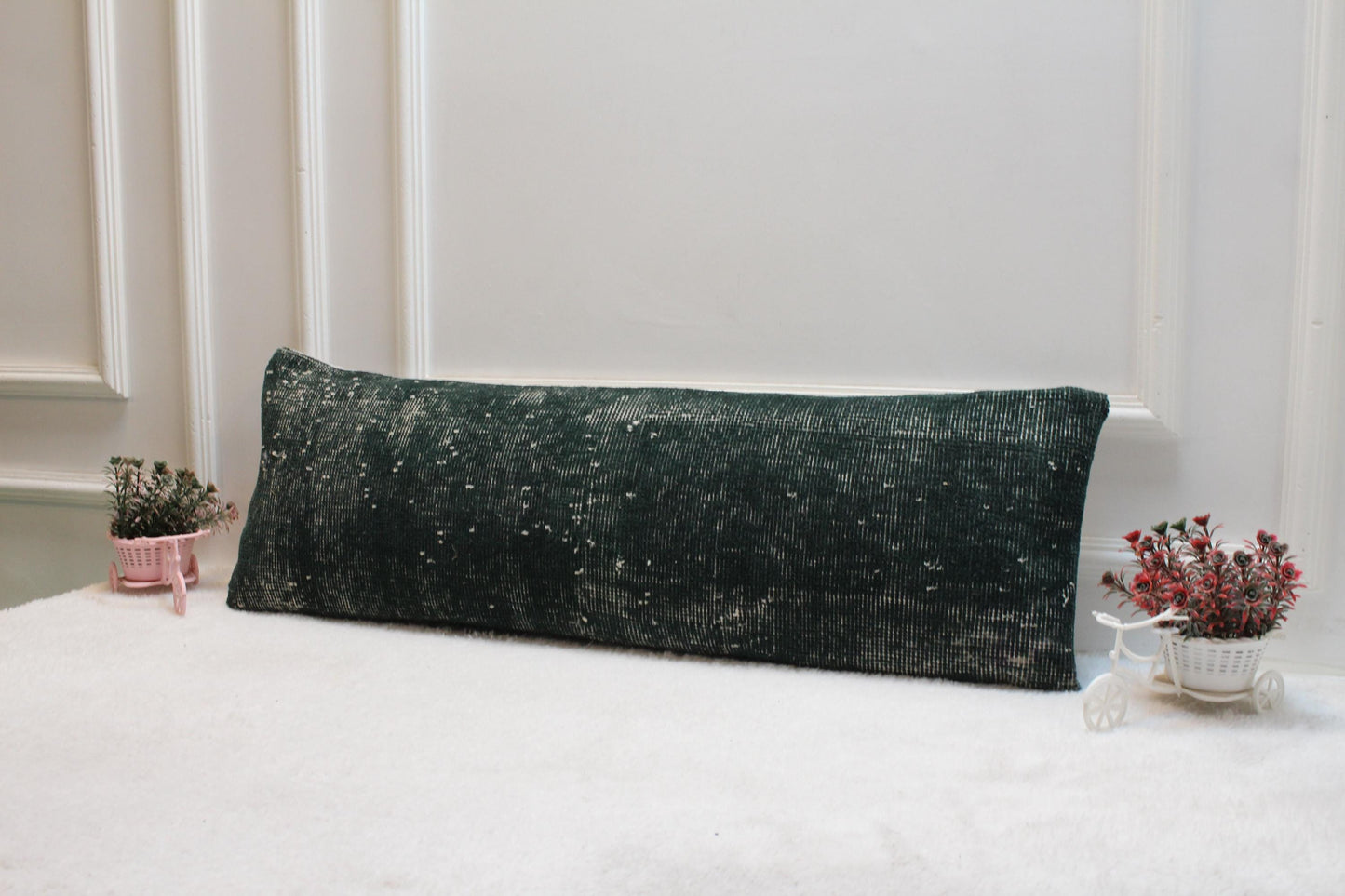 Forest Green Turkish Rug Lumbar Pillow Cover: Vintage Printed Cushion (12x36)