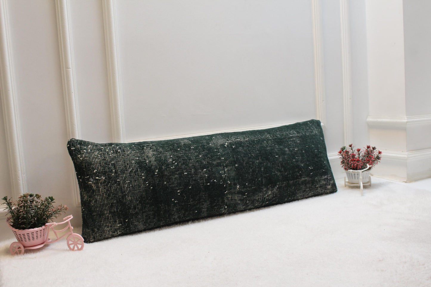 Forest Green Turkish Rug Lumbar Pillow Cover: Vintage Printed Cushion (12x36)