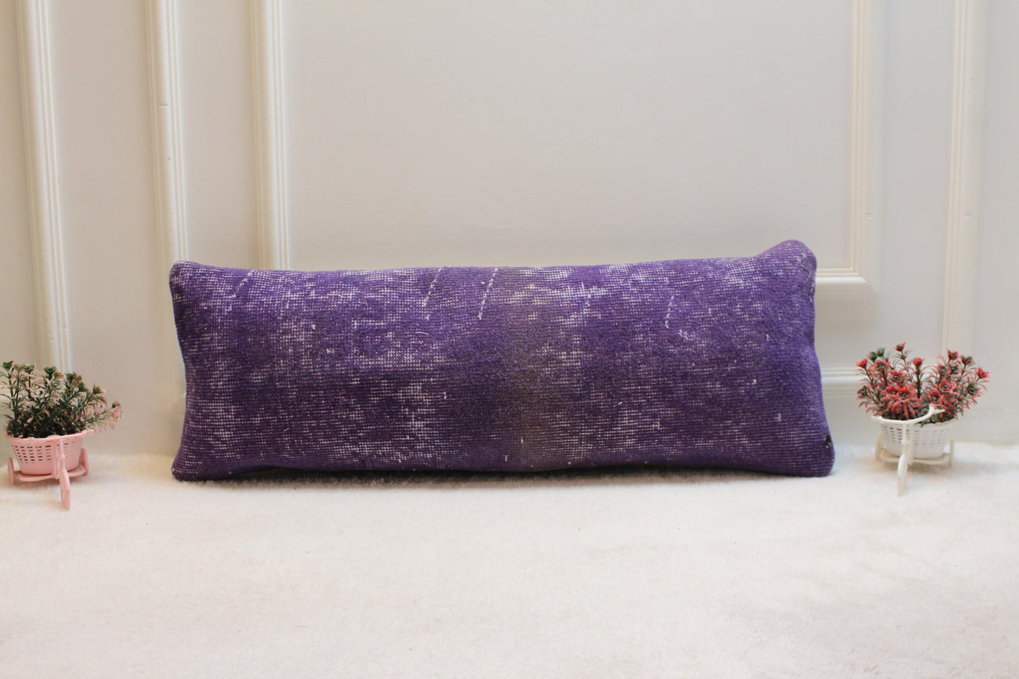 Purple Turkish Rug Lumbar Pillow Cover: Distressed Boho Bolster (12x36)
