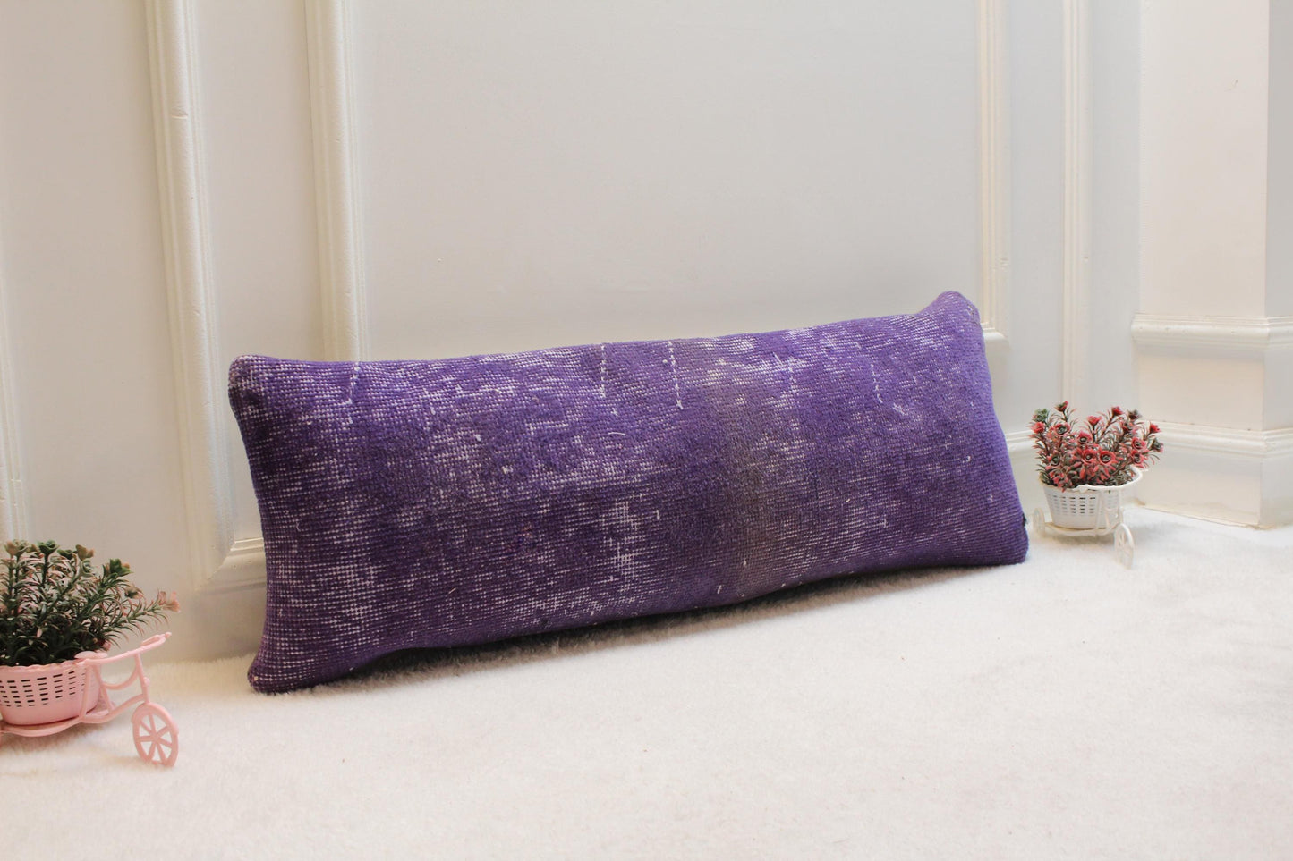 Purple Turkish Rug Lumbar Pillow Cover: Distressed Boho Bolster (12x36)