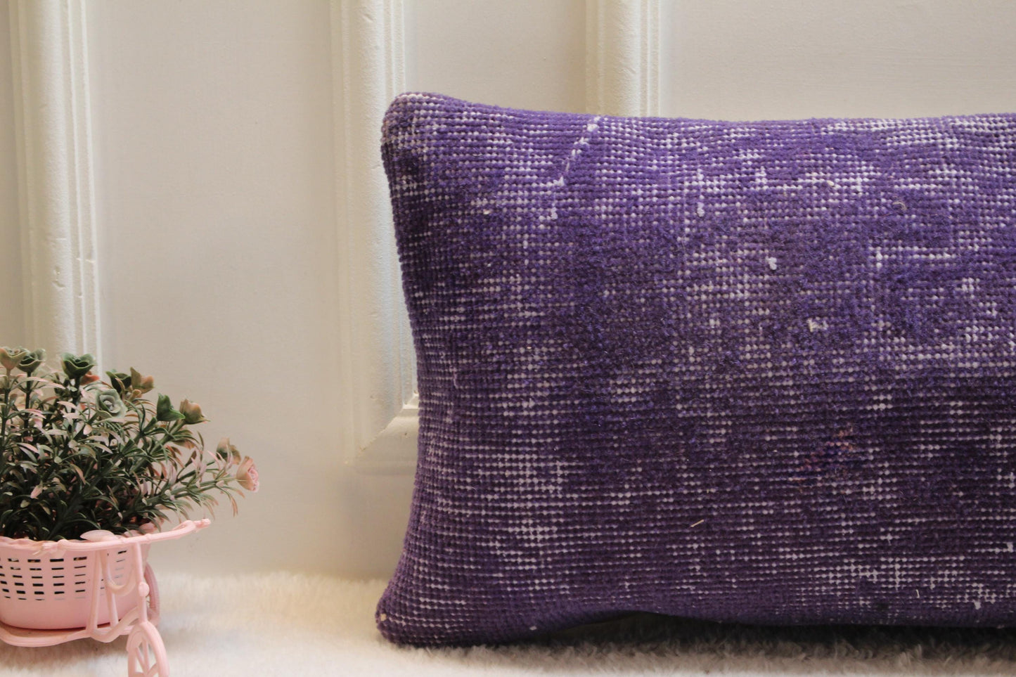 Purple Turkish Rug Lumbar Pillow Cover: Distressed Boho Bolster (12x36)