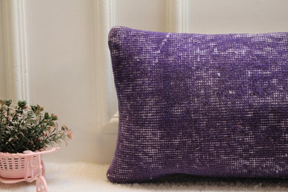 Purple Turkish Rug Lumbar Pillow Cover: Distressed Boho Bolster (12x36)