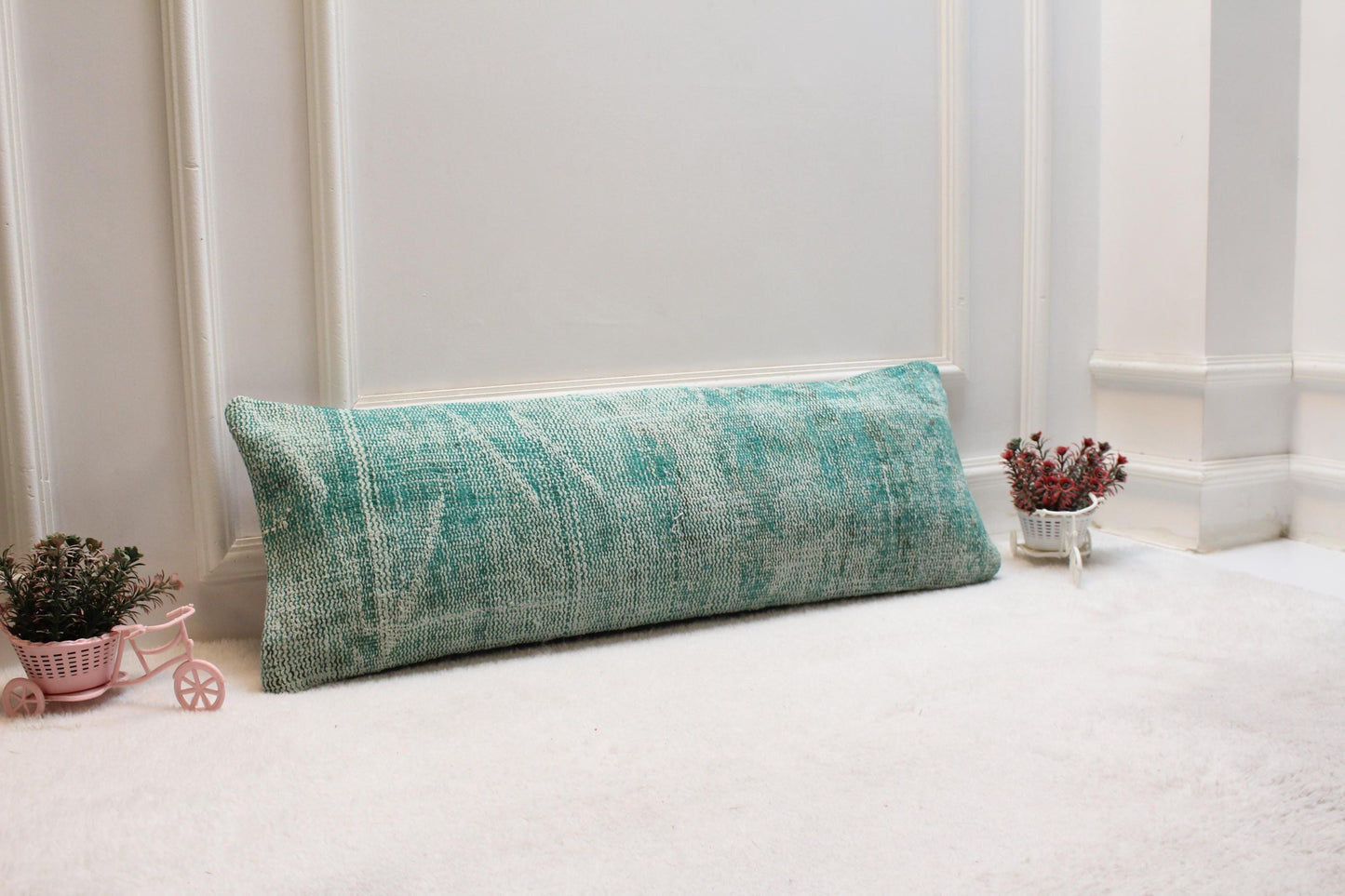 Mint Green Turkish Rug Lumbar Pillow Cover: Distressed Boho Decor (12x36)
