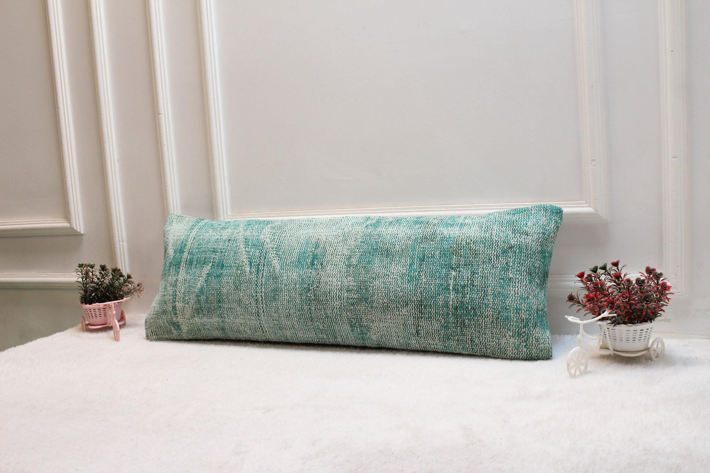 Mint Green Turkish Rug Lumbar Pillow Cover: Distressed Boho Decor (12x36)
