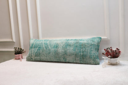 Mint Green Turkish Rug Lumbar Pillow Cover: Distressed Boho Decor (12x36)