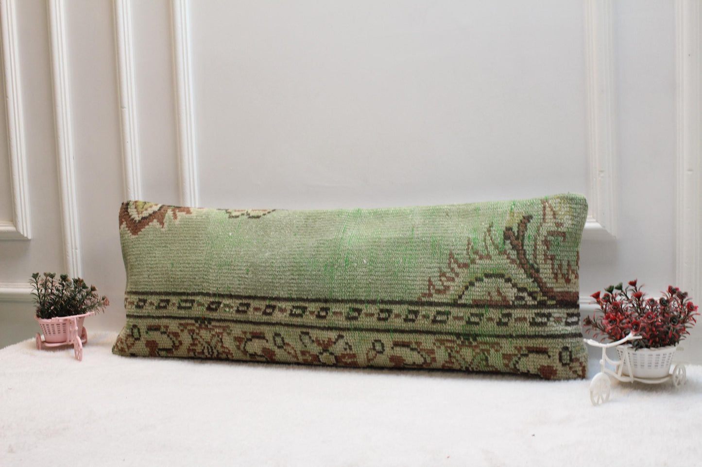Green Kilim Lumbar Pillow Cover – Turkish Rug, Boho Home Decor (12x36”)