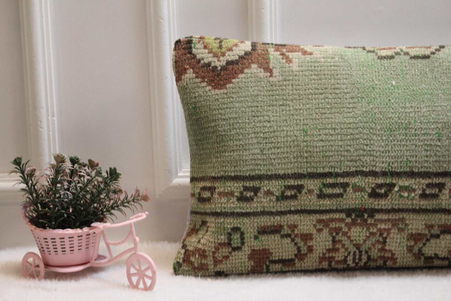 Green Kilim Lumbar Pillow Cover – Turkish Rug, Boho Home Decor (12x36”)