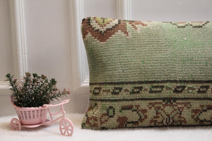 Green Kilim Lumbar Pillow Cover – Turkish Rug, Boho Home Decor (12x36”)