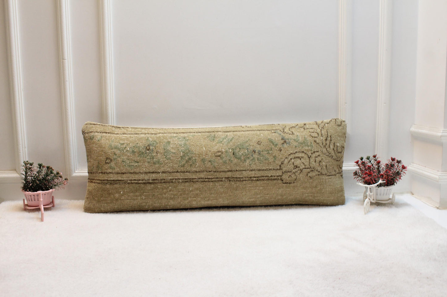 Handwoven Turkish Kilim Lumbar Pillow – Cream & Tan, Vintage Accent (12x36 inch)