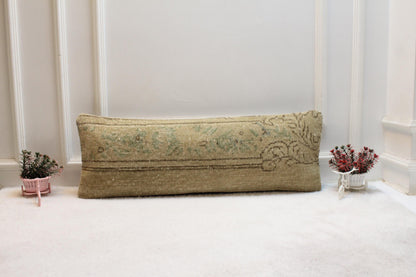 Handwoven Turkish Kilim Lumbar Pillow – Cream & Tan, Vintage Accent (12x36 inch)