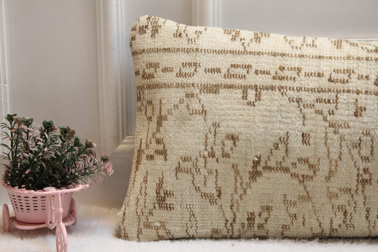 Handwoven Kilim Lumbar Pillow Cover – Cream & Tan Turkish Rug, 12x36”