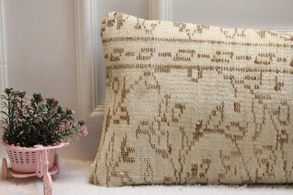 Handwoven Kilim Lumbar Pillow Cover – Cream & Tan Turkish Rug, 12x36”