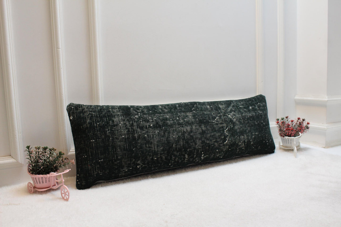 Handwoven Kilim Lumbar Pillow Cover – Vintage Turkish Rug, 12x36" Green