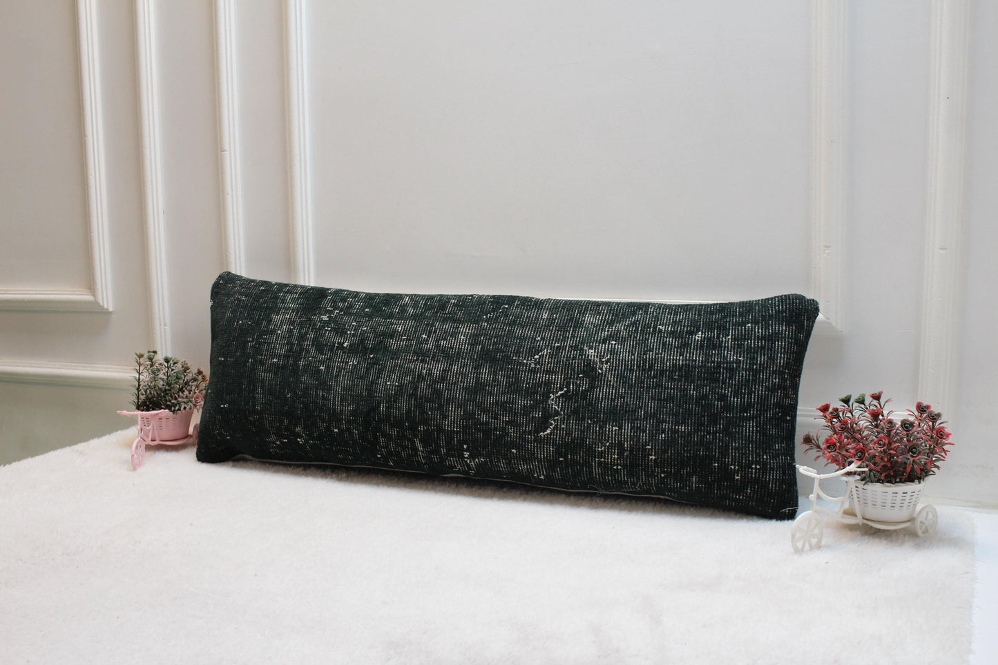 Handwoven Kilim Lumbar Pillow Cover – Vintage Turkish Rug, 12x36" Green