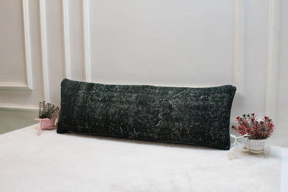Handwoven Kilim Lumbar Pillow Cover – Vintage Turkish Rug, 12x36" Green
