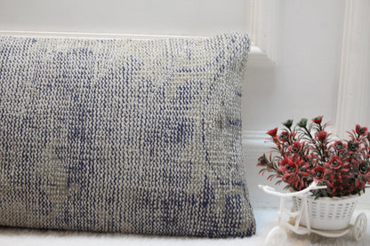 Handwoven Turkish Kilim Lumbar Pillow – Vintage Navy Beige Rug Cushion, 12x36”