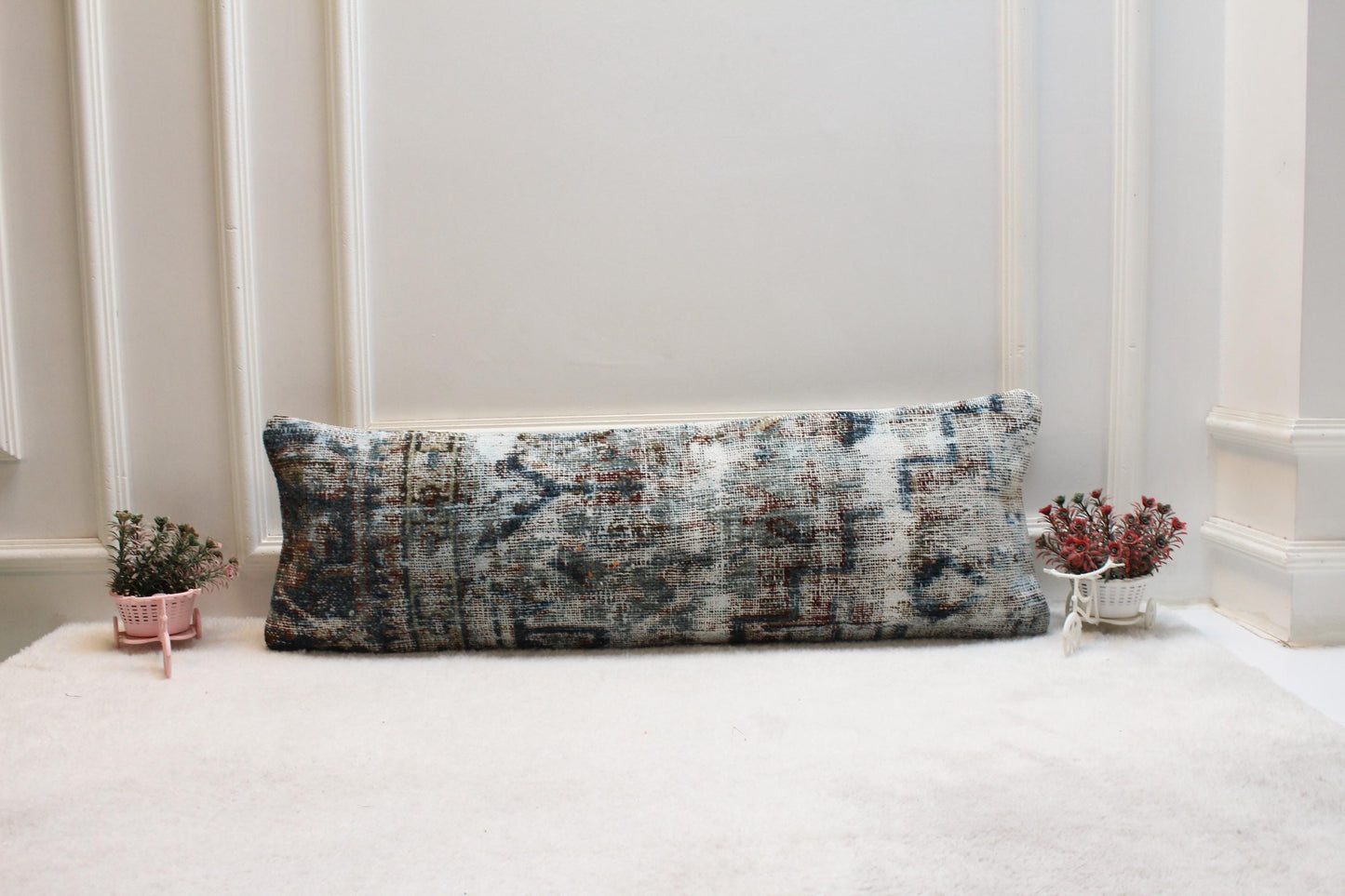 Handmade Kilim Lumbar Pillow – 12x36" Turkish Rug Cushion, Earthy Blues