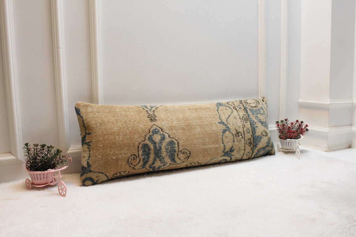 Handwoven Kilim Lumbar Pillow – Vintage Turkish Rug Cushion, 12x36