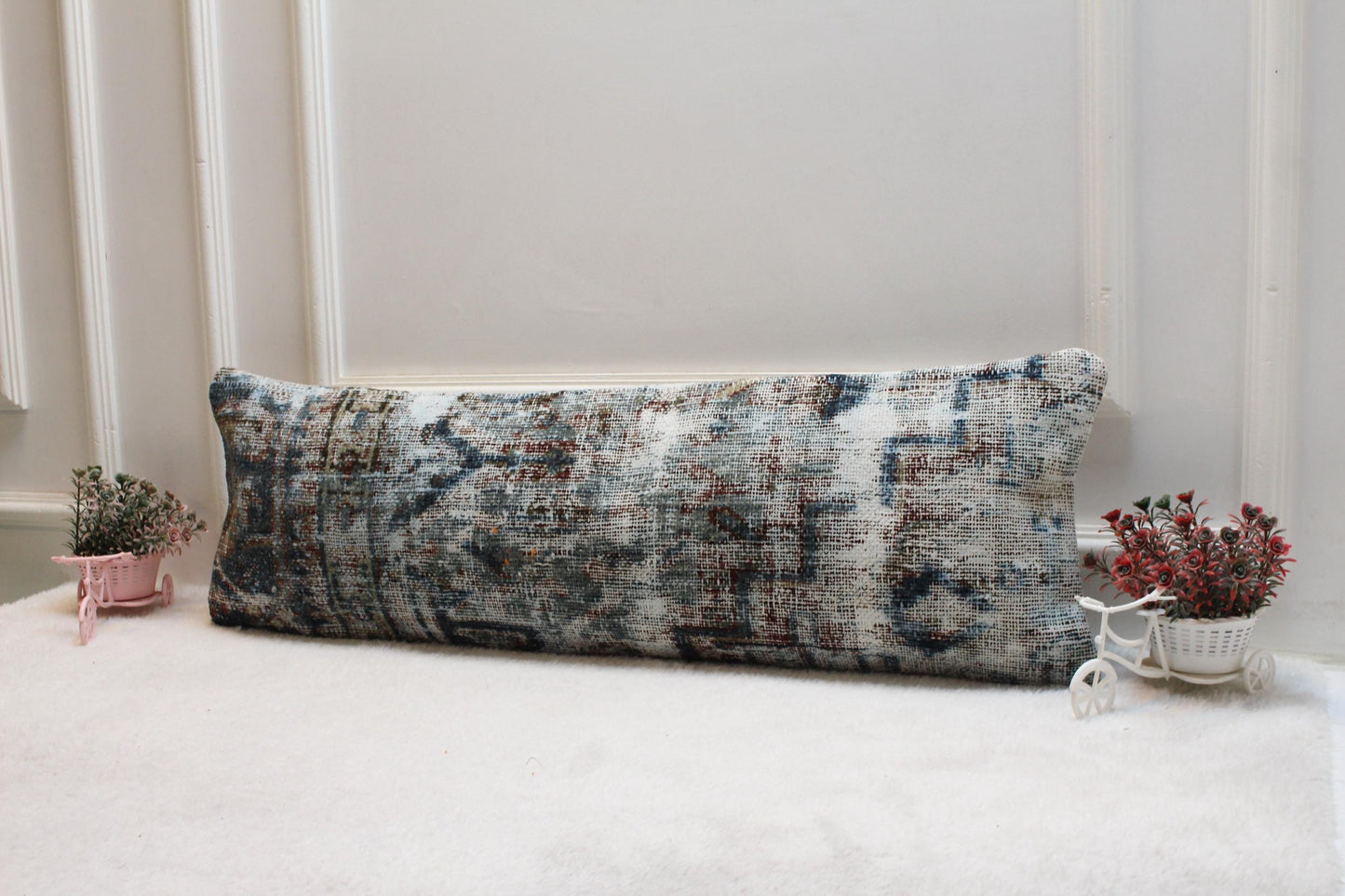 Handmade Kilim Lumbar Pillow – 12x36" Turkish Rug Cushion, Earthy Blues
